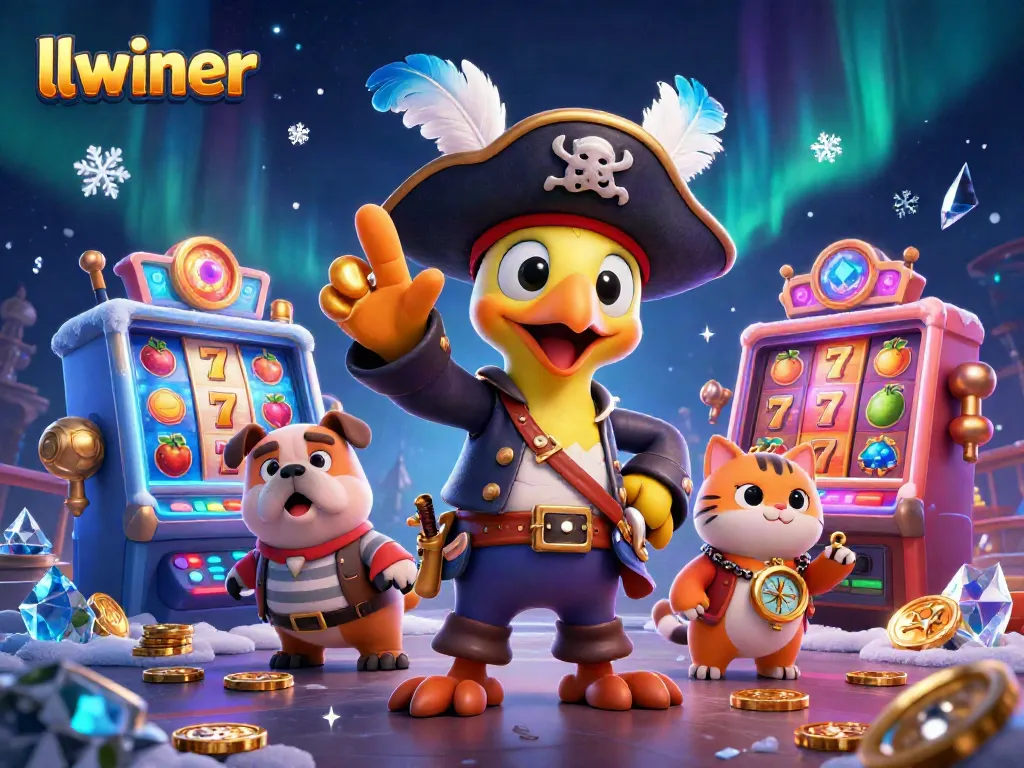 Spin to win with llwiner, a colorful pirate-themed casino illustration showcasing vibrant slot machines and lively characters.