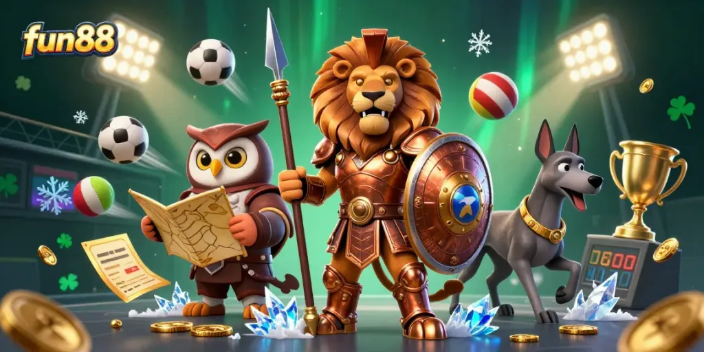 Experience fun88 with an action-packed scene featuring a Spartan lion, owl strategist, and greyhound amidst dynamic sports elements.