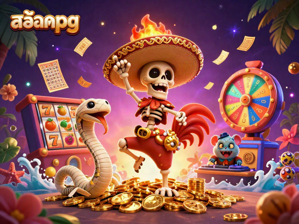 Engage with สล็อตpg's vibrant slot gaming scene featuring a dancing mariachi rooster and dynamic elements.