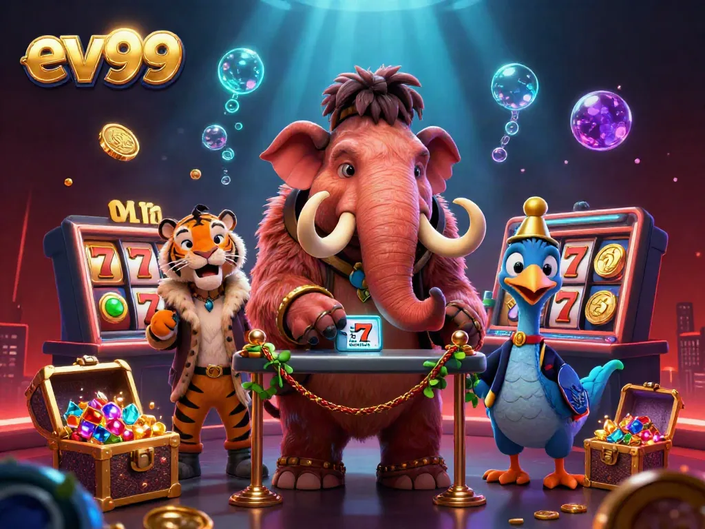 Experience the excitement at ev99 with a vibrant casino scene featuring dynamic characters, slots, and treasures.