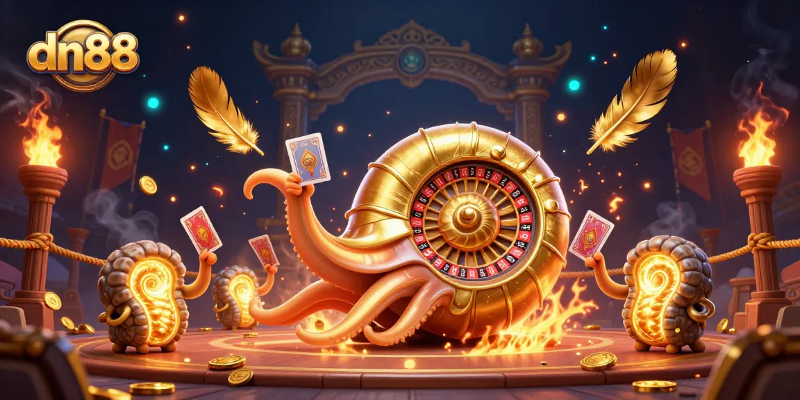 Engage in dn88 with a giant nautilus at the roulette wheel surrounded by vibrant casino elements.