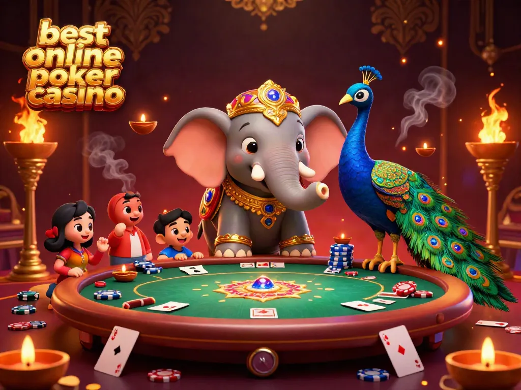 Engage with the best online poker casino through vibrant 3D illustration featuring an ornate elephant and peacock.