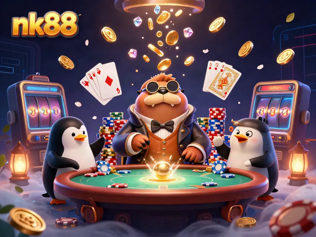 Your strategic win begins at nk88 with an action-packed underwater poker scene featuring a walrus and friends.