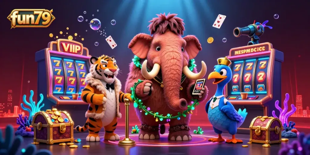 Experience the thrill of fun79 with a vibrant casino scene featuring a woolly mammoth bouncer and saber-tooth tiger VIP.