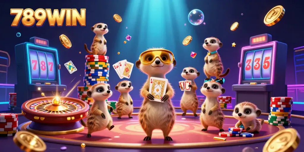 Experience the excitement of 789WIN with a vibrant meerkat casino illustration featuring playful gaming elements.