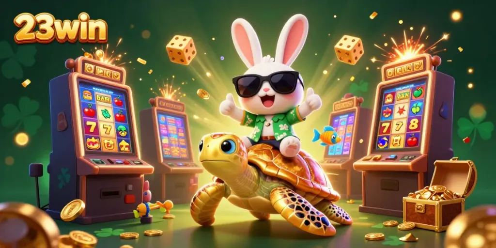 Experience excitement and winnings with 23win in this vibrant casino-themed illustration.