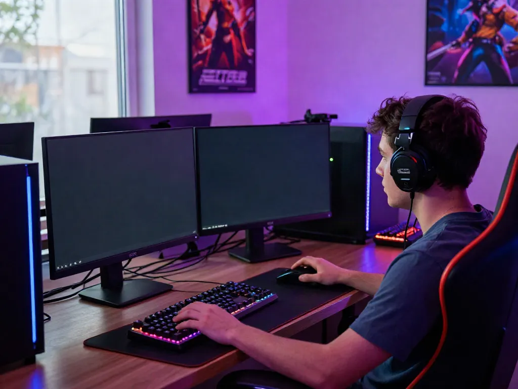 Exciting NET88 online gaming setup with colorful screens and gaming peripherals