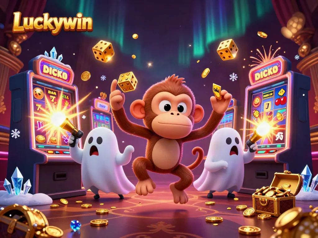 Experience the thrilling atmosphere of Luckywin casino with coins, jackpots, and a playful ghost-hunter puppy.