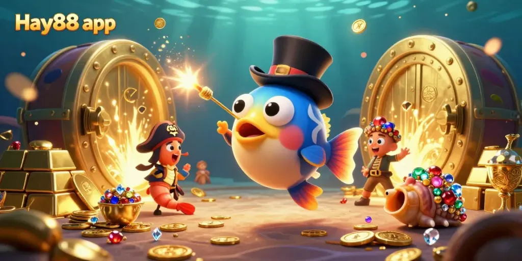 Engage with the Hay88 app, featuring an anglerfish and pirate shrimp in a treasure hunt.