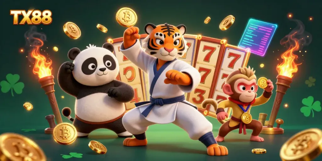 Engage with a vibrant TX88 casino scene featuring playful characters and dynamic slot elements.