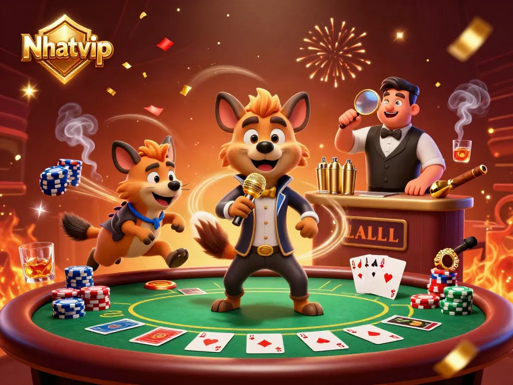 Nhatvip hyenas entertain at a lively casino, featuring colorful poker chips and a dynamic atmosphere.