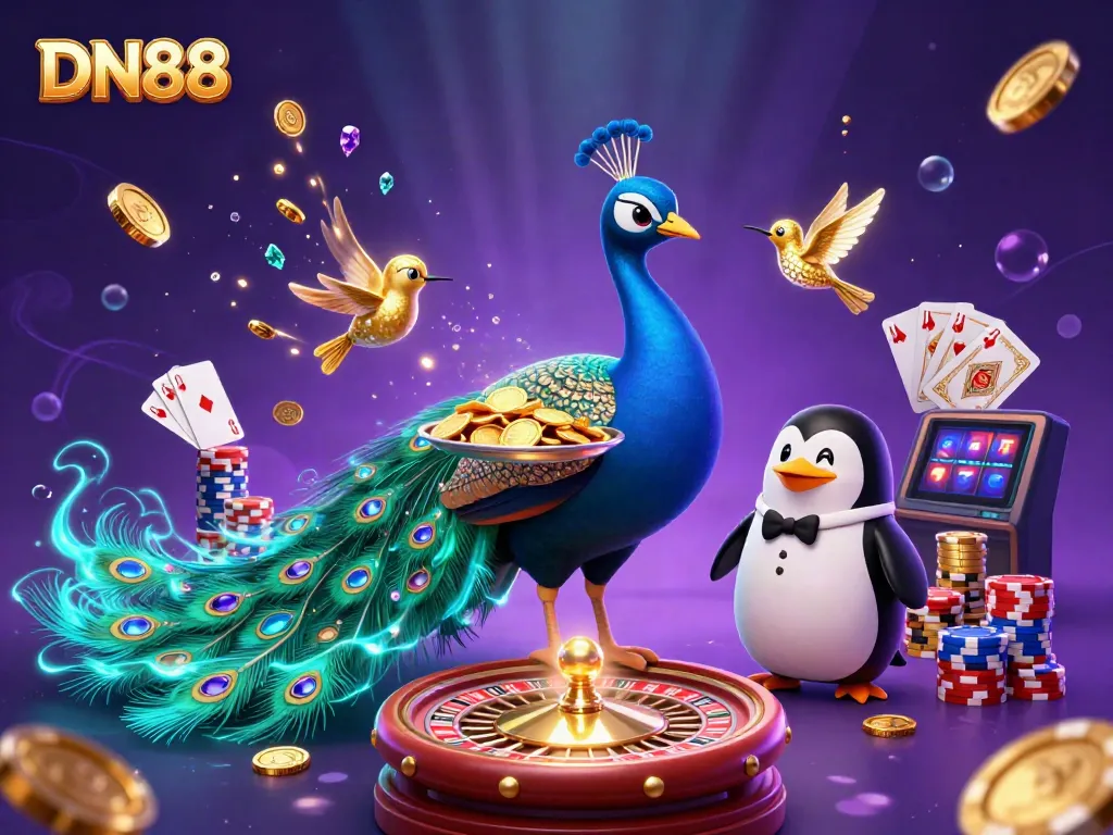 Experience winning at DN88 with a vibrant 3D illustration showcasing casino excitement and colorful game elements.