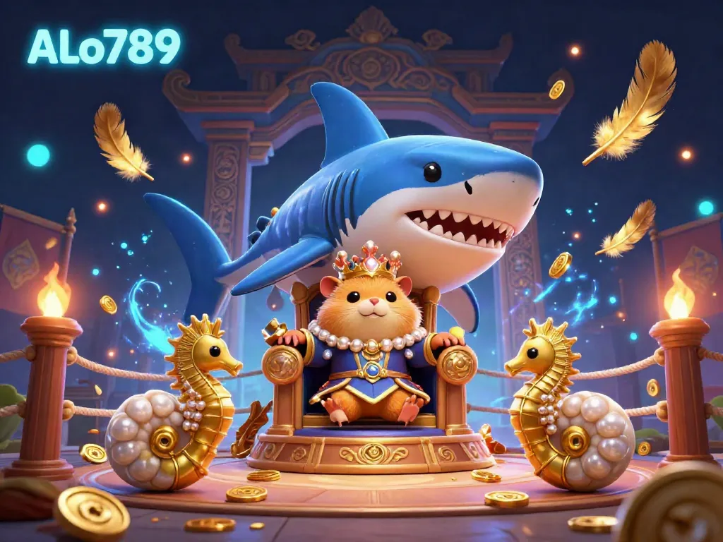 ALo789 enhances your betting experience with engaging visuals of a regal hamster king and seahorse guards in a dynamic arena.