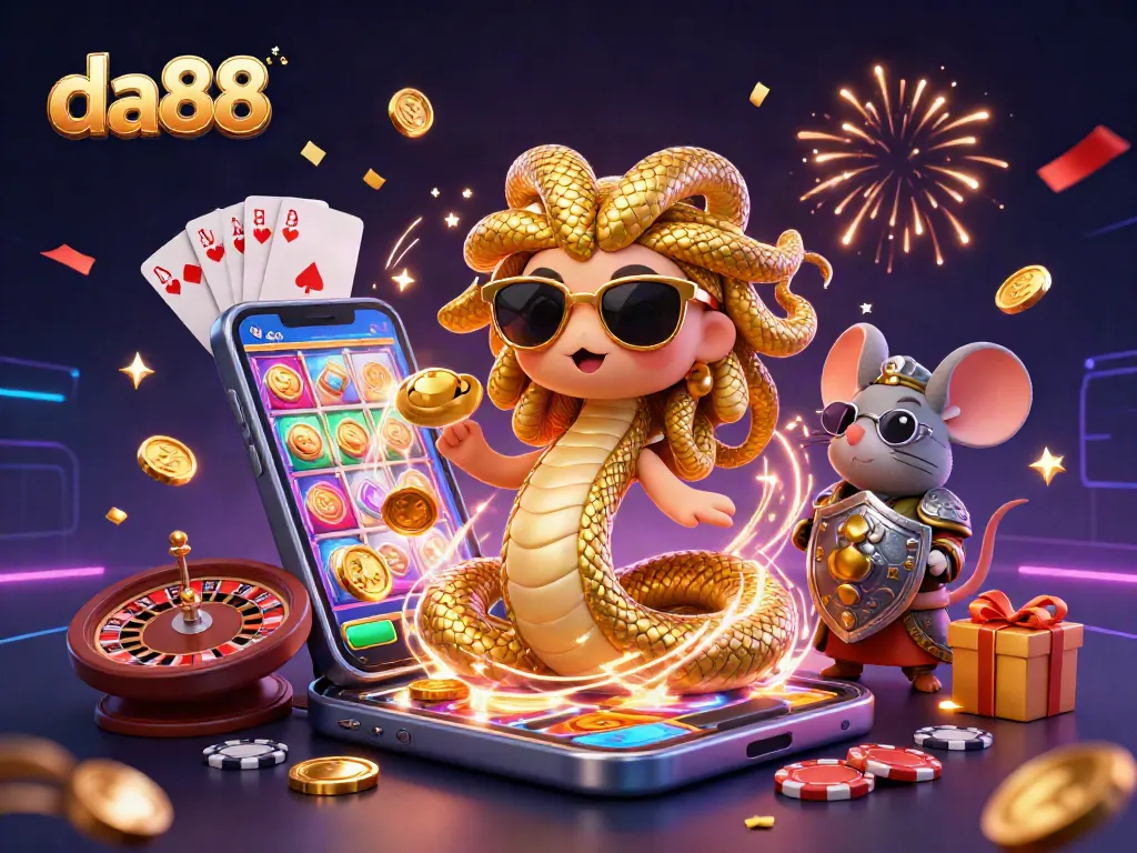 Experience exciting gaming at da88 with vibrant slots, cards, and festive characters interacting.
