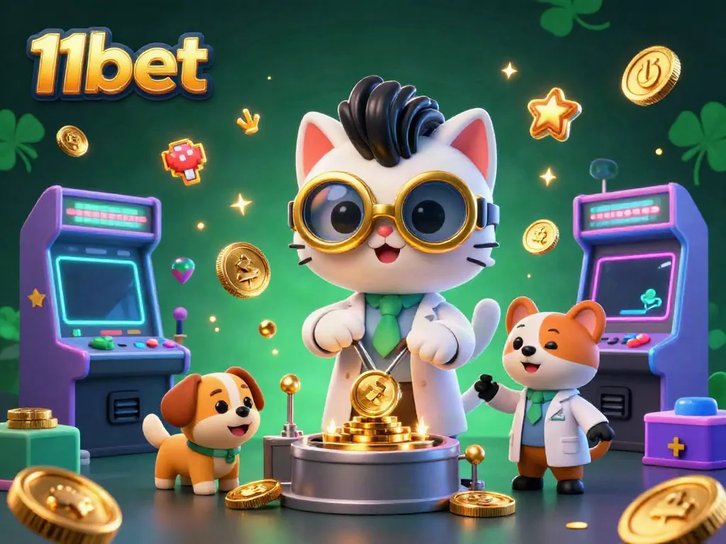Experience the vibrant world of 11bet with a captivating 3D casino illustration featuring a mad scientist cat and golden game elements.