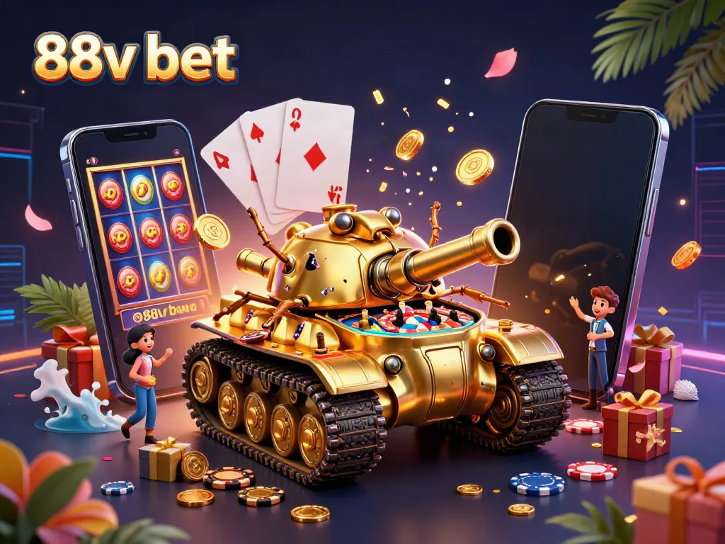 Experience excitement at 88v bet with a dynamic casino scene inside a golden beetle tank.