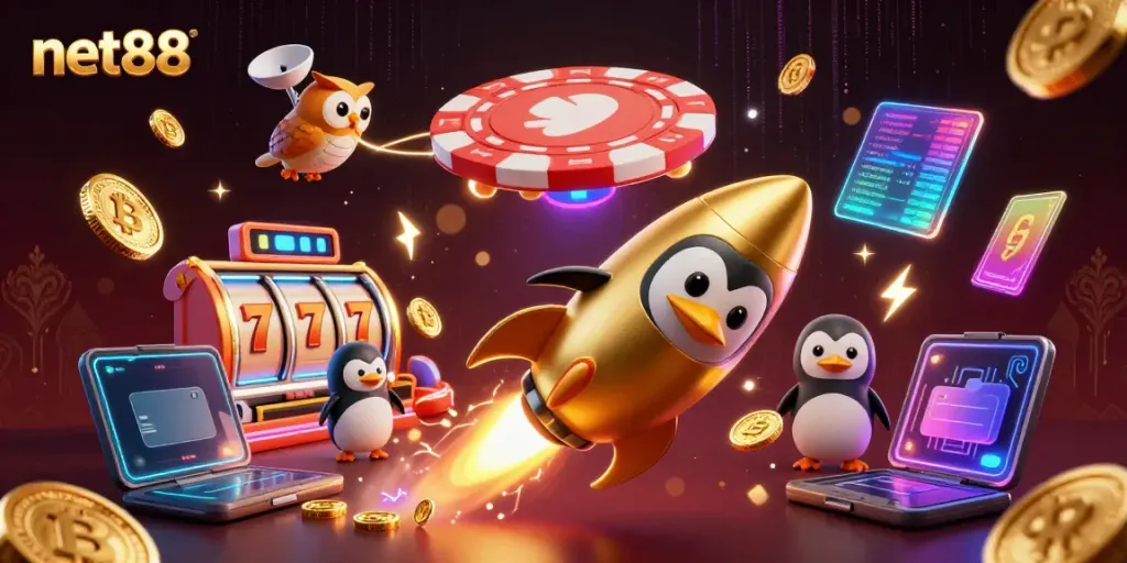 Experience the thrilling world of net88 with a dynamic illustration of a golden penguin racing toward a casino space station.