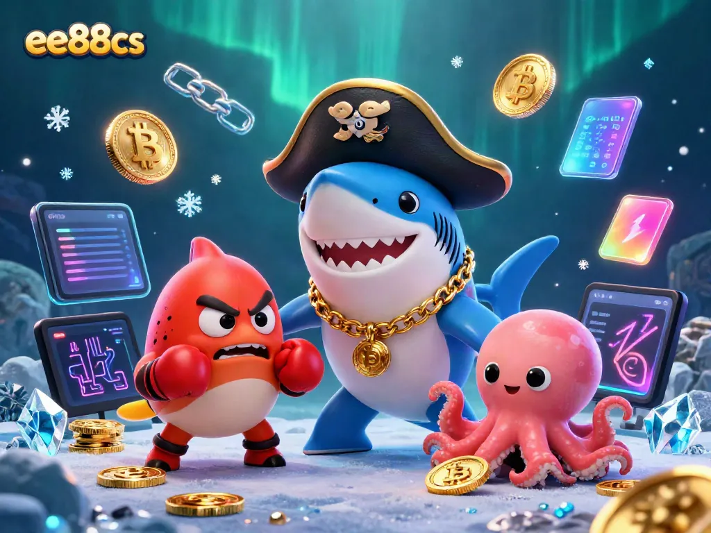 Exciting ee88cs venture with lively characters amidst vibrant casino elements and glowing crypto coins.