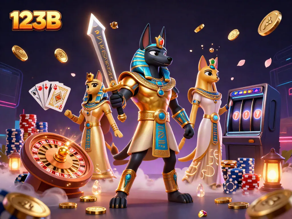 123B showcases ancient Egyptian characters amidst a lively casino scene filled with coins and games.