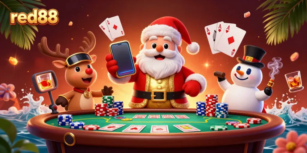 Experience thrilling jackpots with red88 in a festive casino scene featuring Santa and friends.