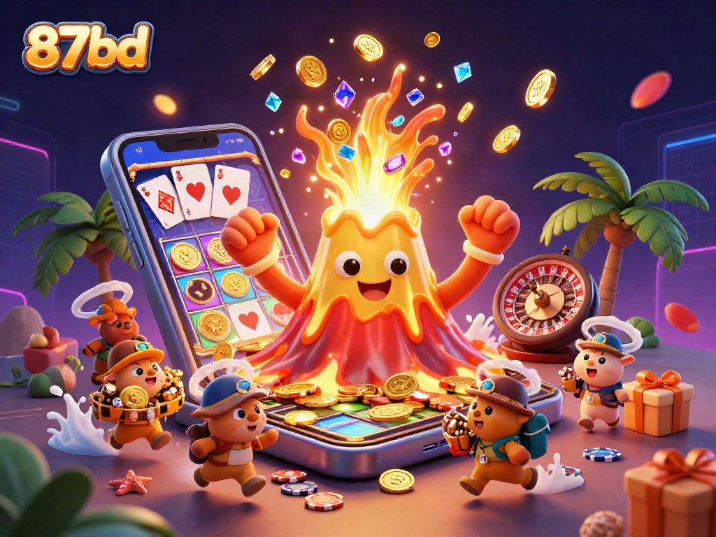Experience thrilling gaming at 87bd as golden coins flow from a vibrant volcano.