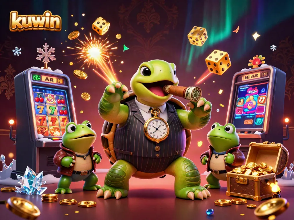 Kuwin showcases vibrant cartoon turtle in casino scene with thrilling jackpots and engaging games