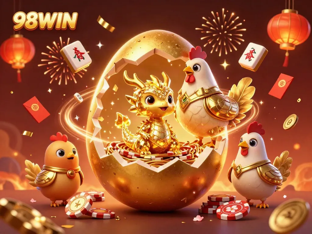 Engage with the excitement of 98WIN, showcasing festive 3D casino elements with a golden dragon and vibrant animations.