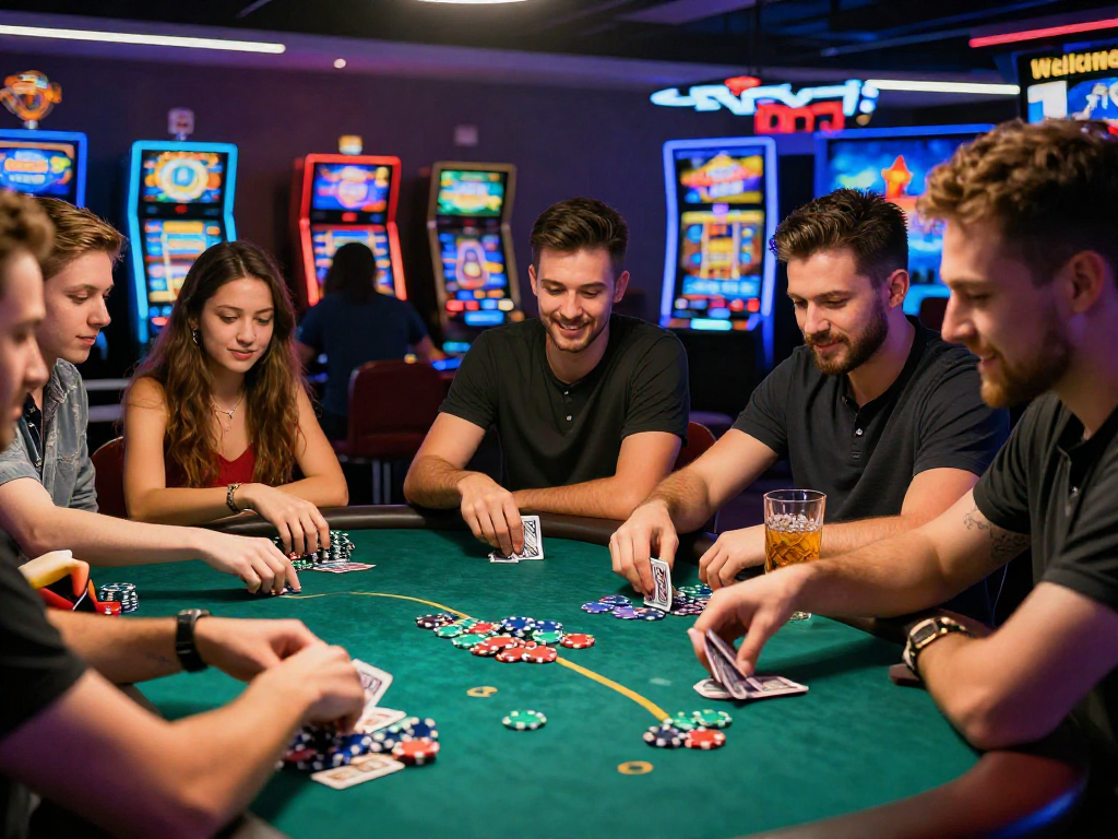 Giocatori al tavolo di poker mentre consultano la lista casino non aams in un vivace ambiente di casinò.