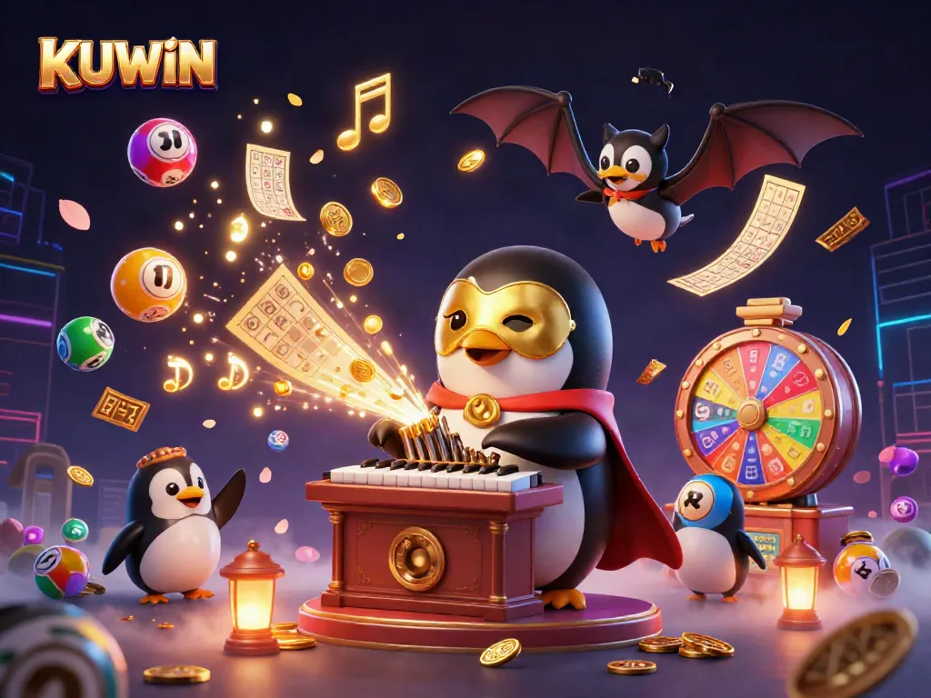 KUWIN penguin masterfully plays an organ shooting golden coins in a vibrant casino scene