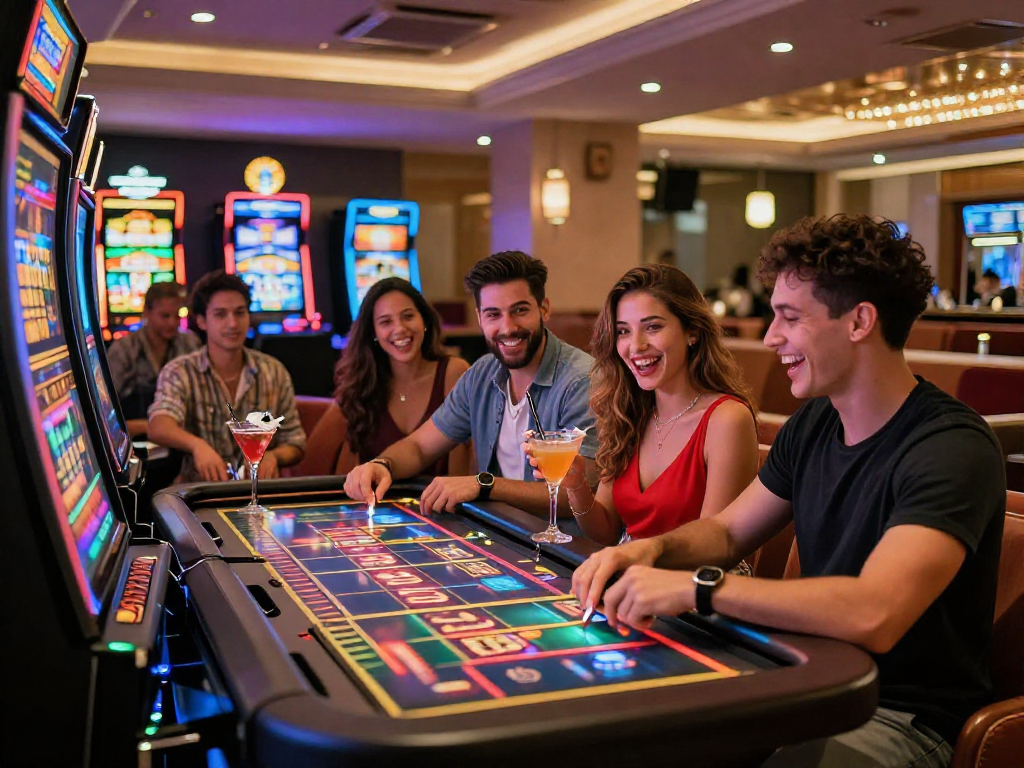 Giocatori felici in un vivace casinò non AAMS, divertendosi con giochi e cocktail.
