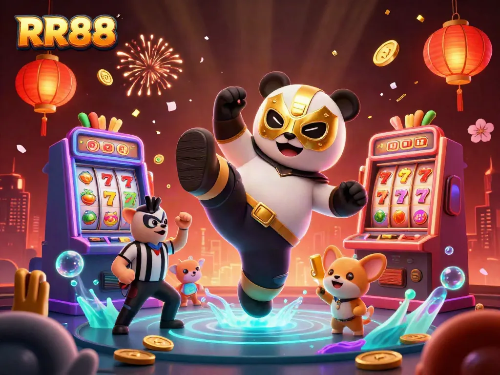 RR88 engages players with thrilling slot machines, a wrestling panda, and cheering animal fans in an exciting casino scene.