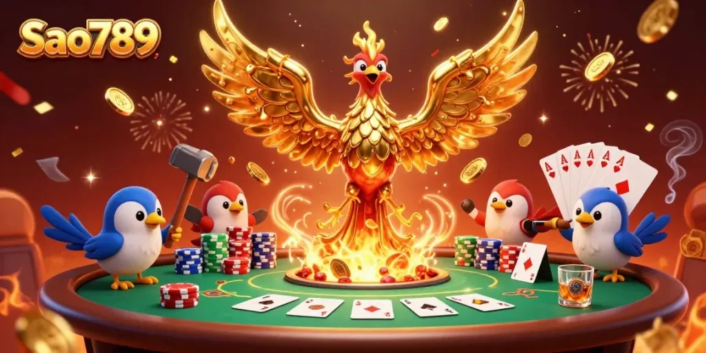 Sao789 features a molten metal phoenix, poker elements, and celebratory effects in a vibrant casino scene.