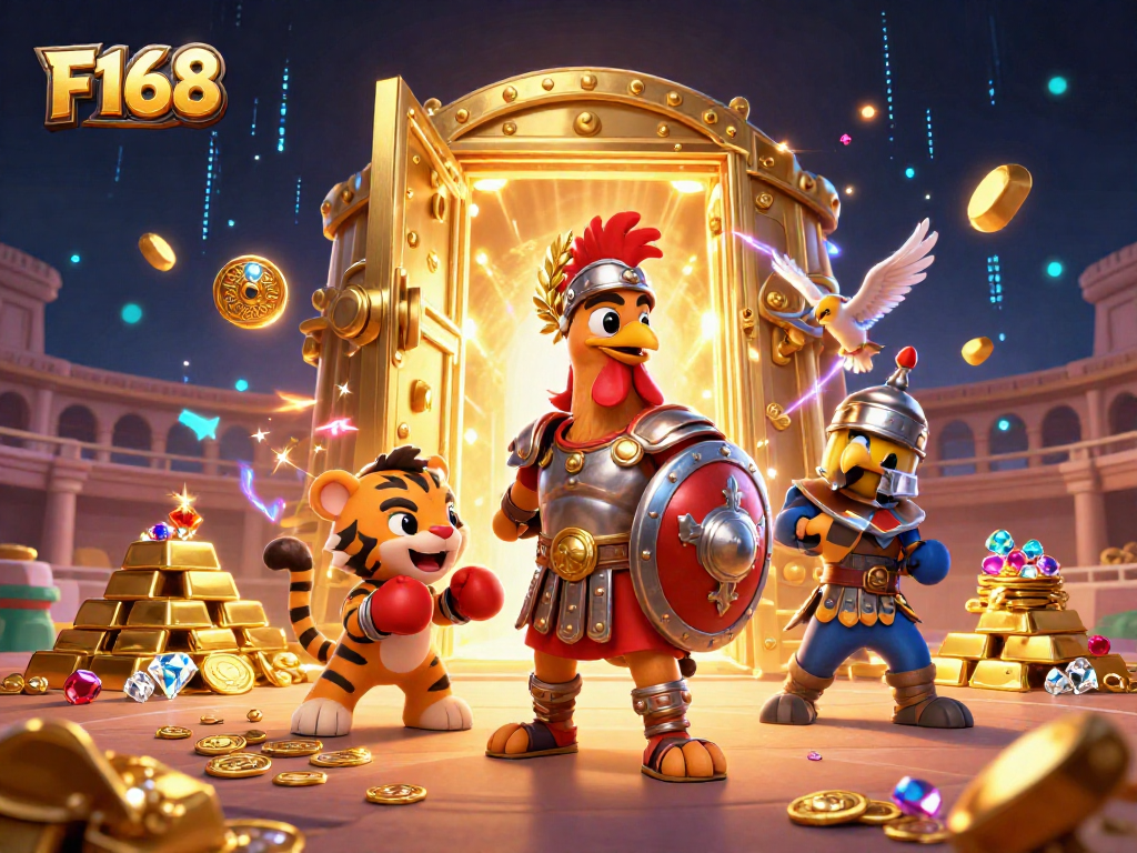 Join the fun at F168, where a gladiator rooster faces off in a vibrant casino colosseum!