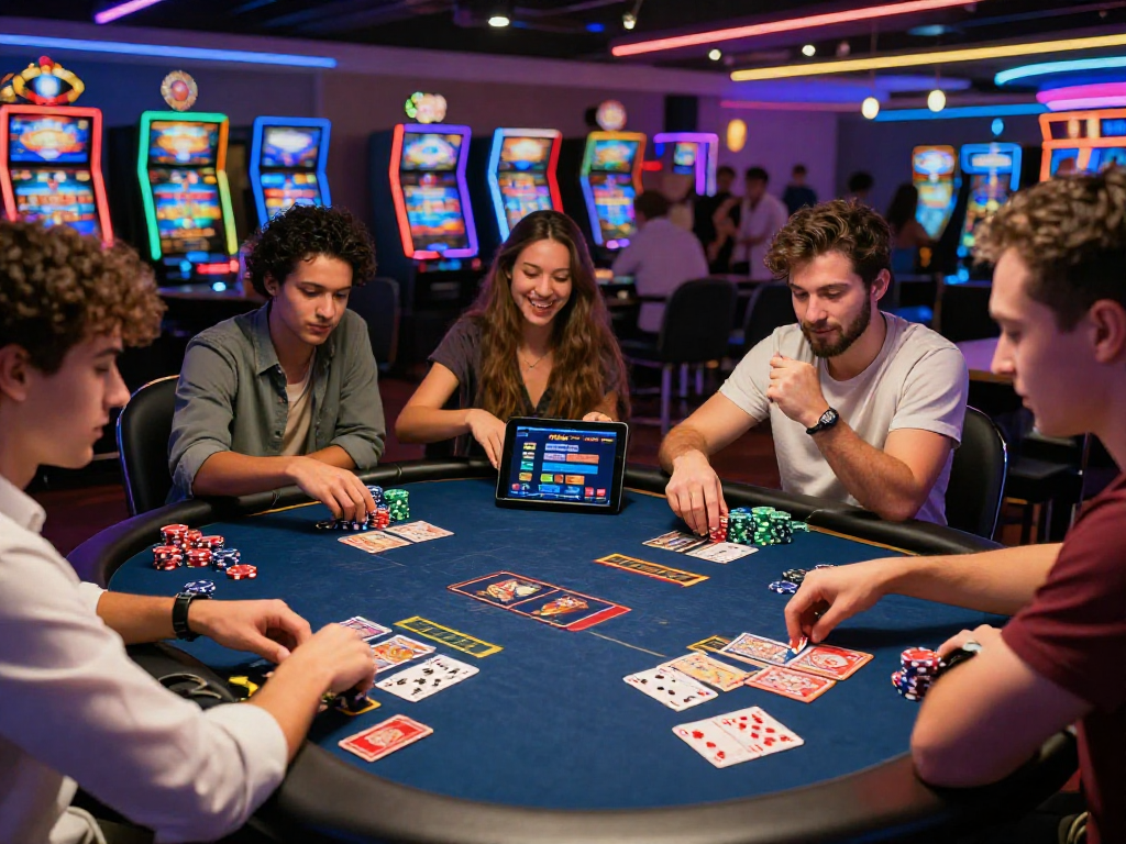 Un gruppo di amici che giocano a un tavolo da gioco, esplorando la lista casino non aams in un'atmosfera vivace.