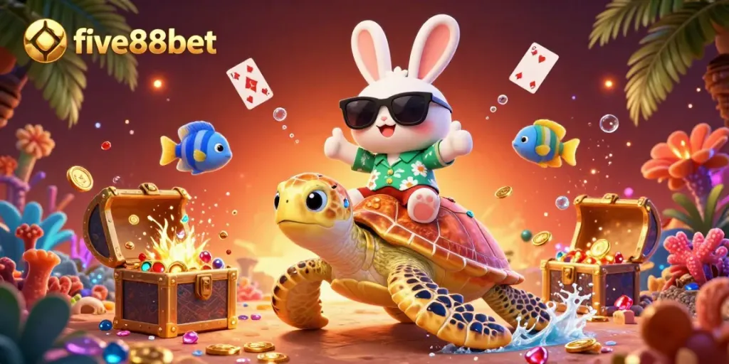 Engage in thrilling games at five88bet with a lucky rabbit and golden turtle in an underwater casino adventure.