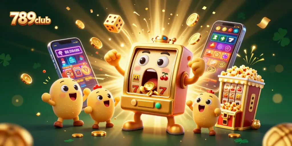 Experience the excitement of 789club as a golden slot machine hits the jackpot amidst a vibrant casino scene.