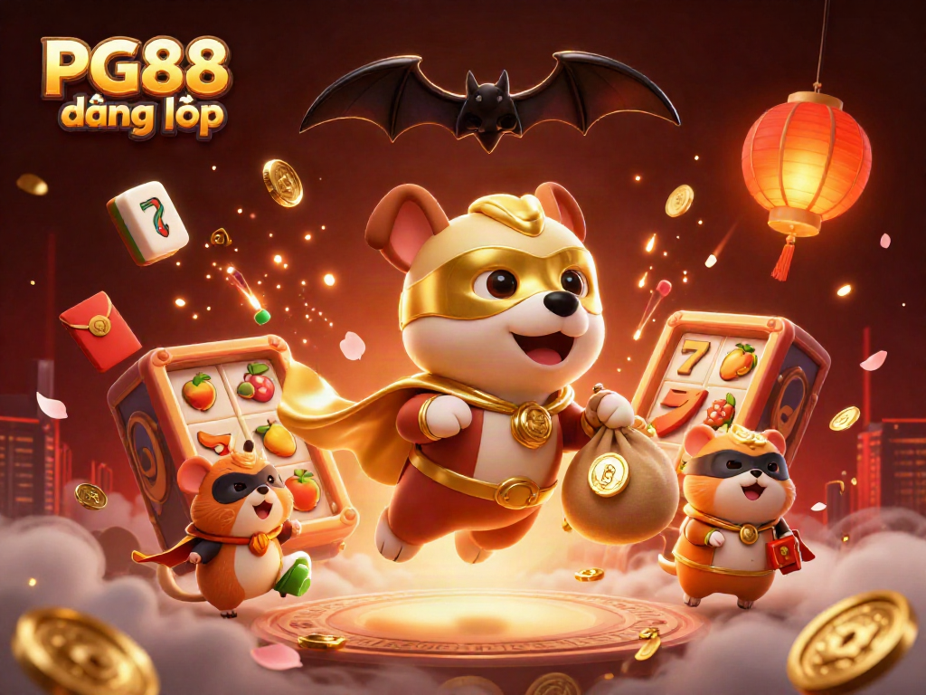 Engage with PG88 đăng nhập as a superhero dog and hamster defeat challenges in a vibrant casino scene.