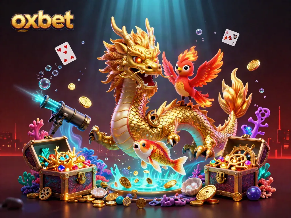 Engage with oxbet's vibrant casino atmosphere featuring a golden dragon, phoenix, and koi fish.