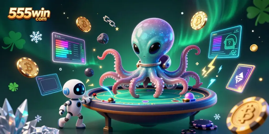 Engage with 555win com at an exhilarating cosmic poker table featuring a holographic setup and space-themed elements.
