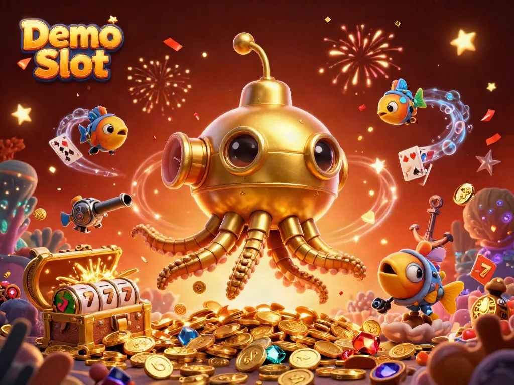 Engage with the thrilling Demo Slot games showcasing a golden kraken submarine amid gold coins and vibrant casino elements.