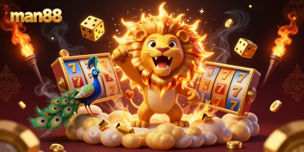 Experience the thrilling world of man88 with a roaring sun lion and golden dice amidst vibrant casino elements.