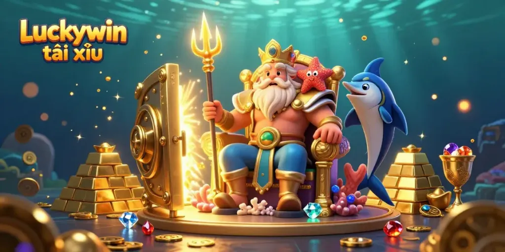 Experience the excitement of Luckywin tài xỉu with Neptune and treasure in a lively casino setting.