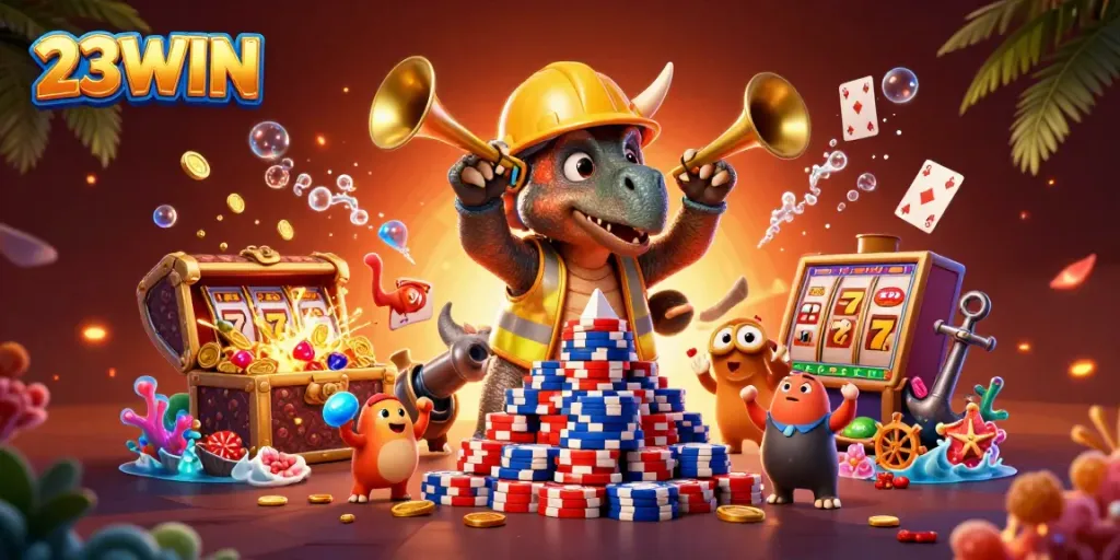 Experience the thrill of 23WIN with vibrant casino characters and colorful slots in a celebratory setting.